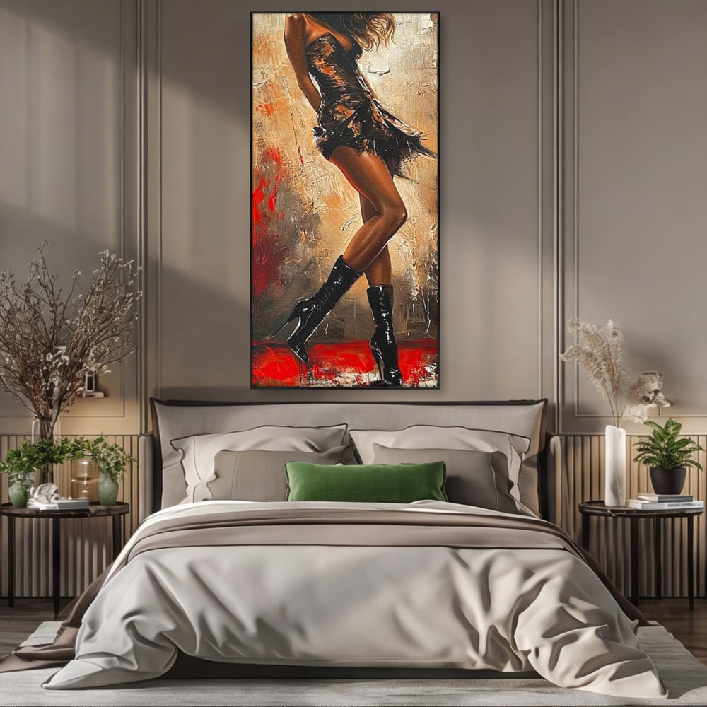 Tablou canvas cu tablou canvas cu silueta de dansatoare, in rama de aluminiu negru, pe perete intr-un dormitor