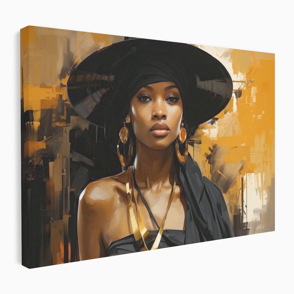 Tablou canvas cu tablou canvas cu femeie in palarie neagra, fara rama, pe sasiu de lemn