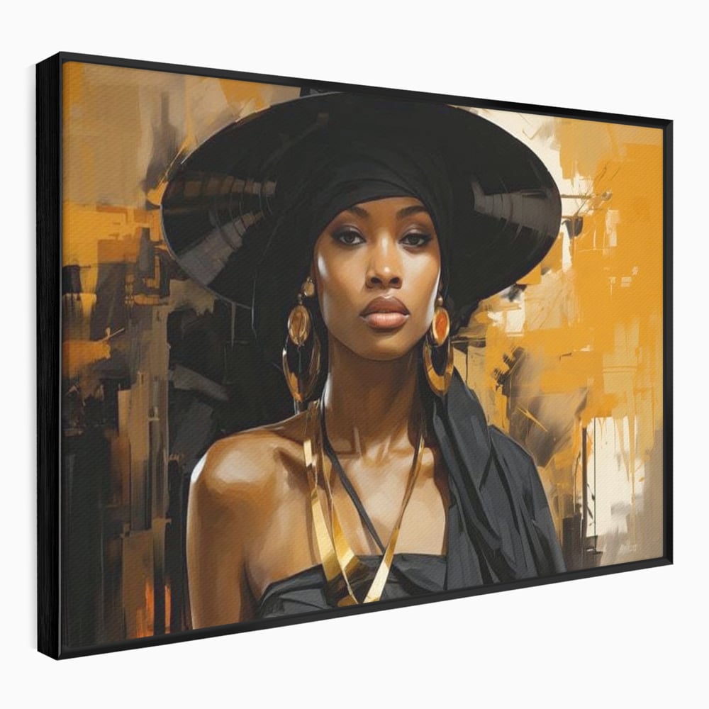 Tablou canvas cu tablou canvas cu femeie in palarie neagra, in rama de aluminiu negru