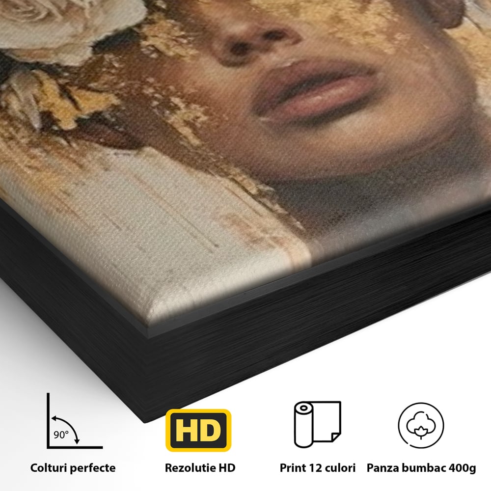 Detaliu al suprafetei: portret feminin cu foita de aur si flori, in rama de aluminiu negru