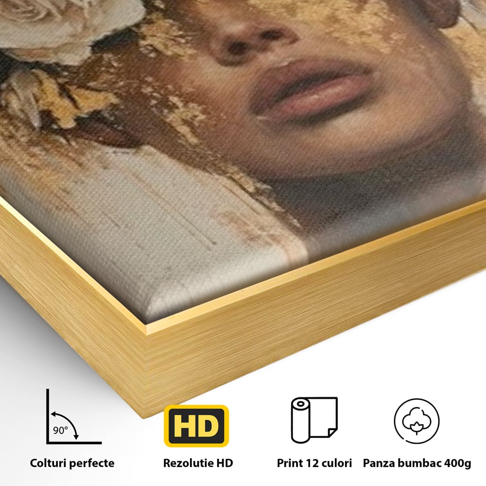 Detaliu al suprafetei: portret feminin cu foita de aur si flori, in rama de aluminiu auriu