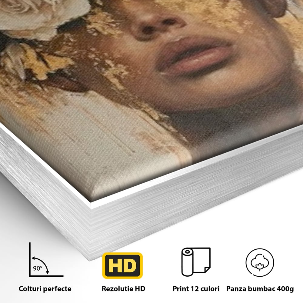 Detaliu al suprafetei: portret feminin cu foita de aur si flori, in rama de aluminiu argintiu