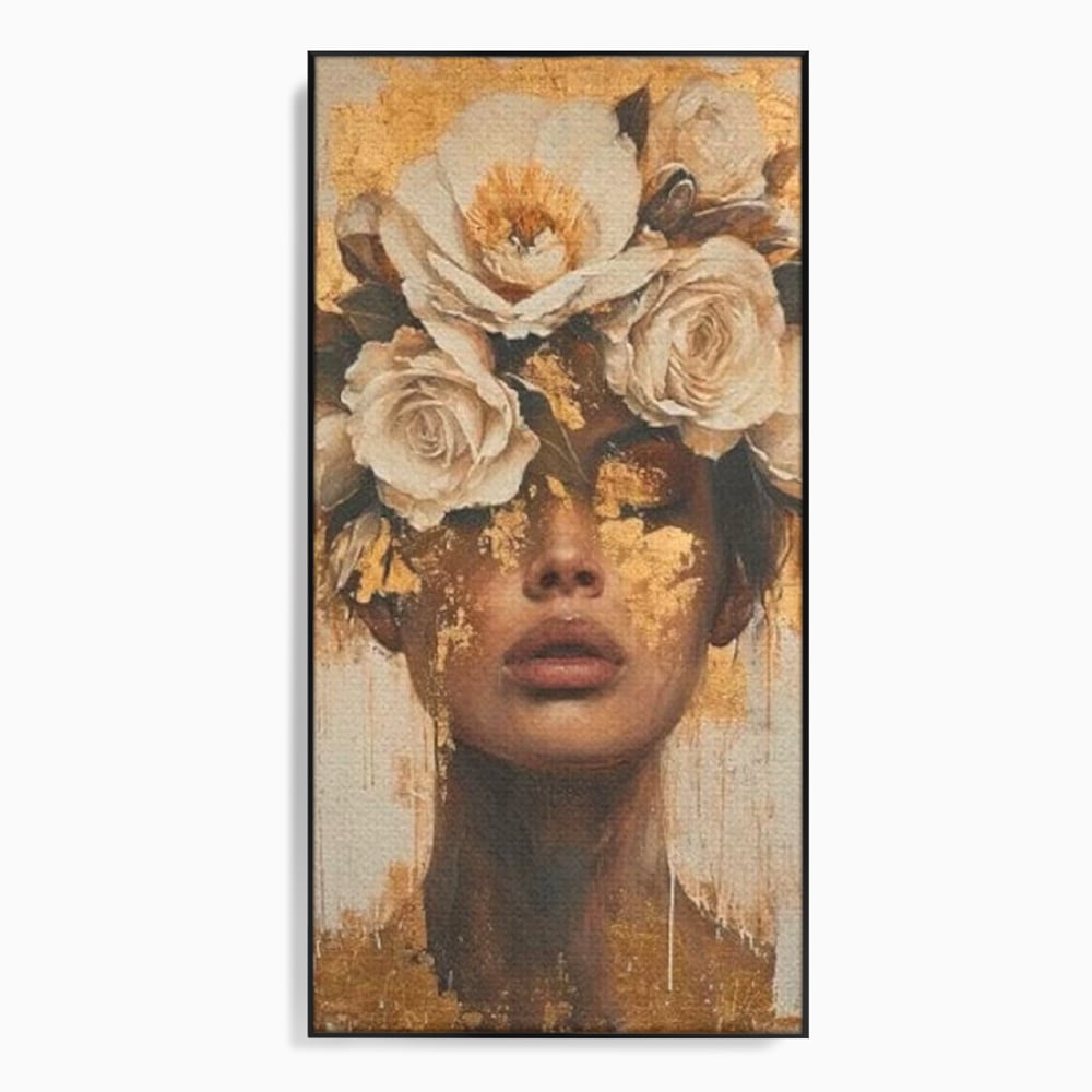 Tablou canvas cu portret feminin cu foita de aur si flori, in rama de aluminiu negru