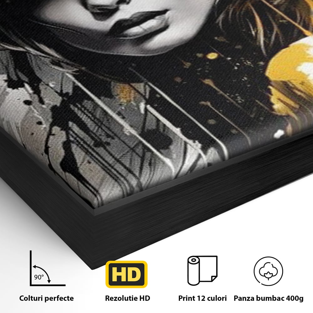 Detaliu al suprafetei: tablou canvas cu portret de femeie cu joben, in rama de aluminiu negru