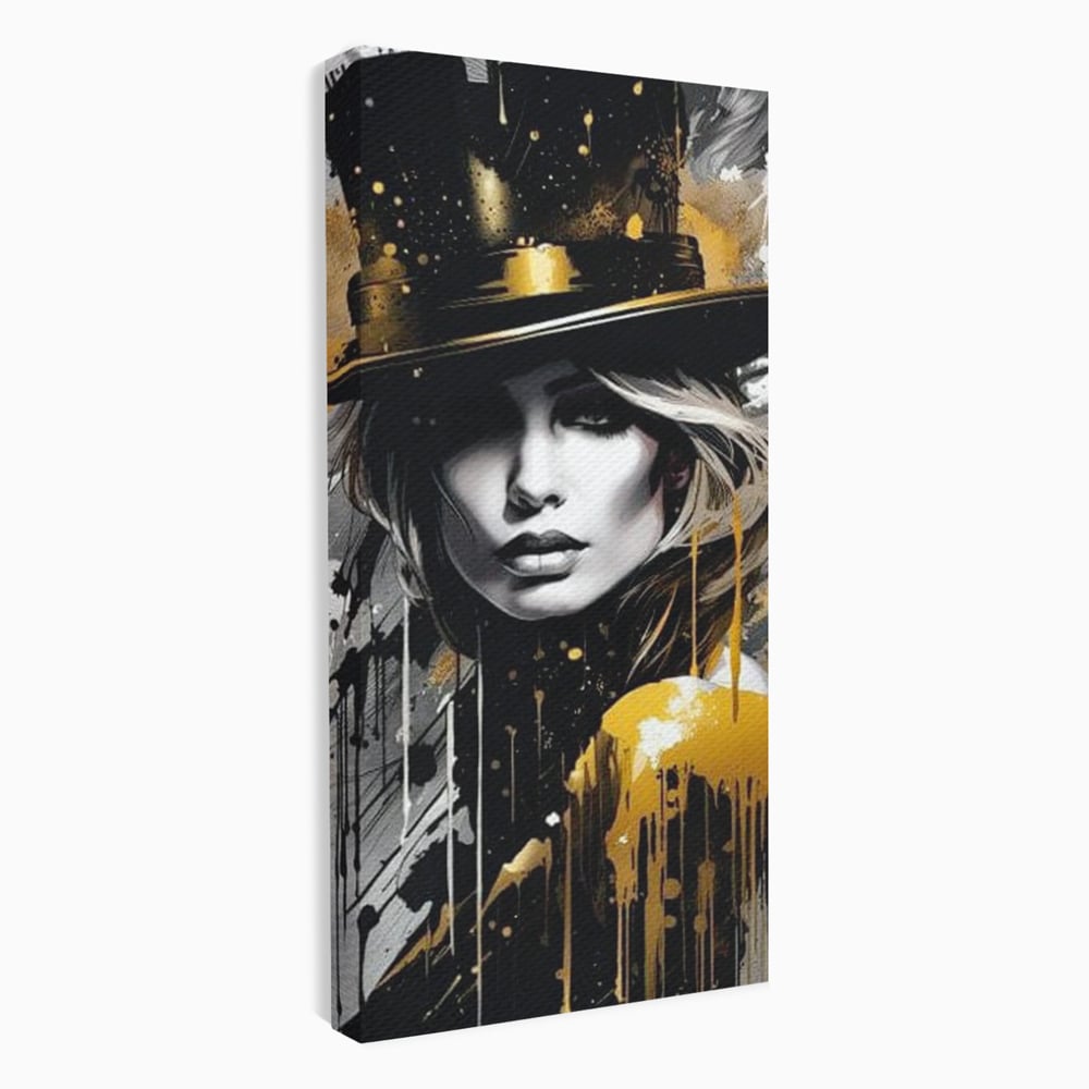 Tablou canvas cu tablou canvas cu portret de femeie cu joben, fara rama, pe sasiu de lemn