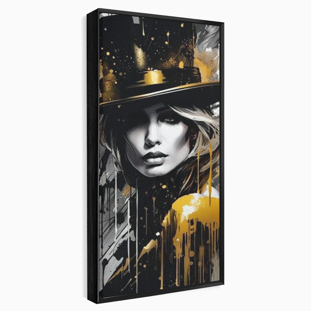 Tablou canvas cu tablou canvas cu portret de femeie cu joben, in rama de aluminiu negru