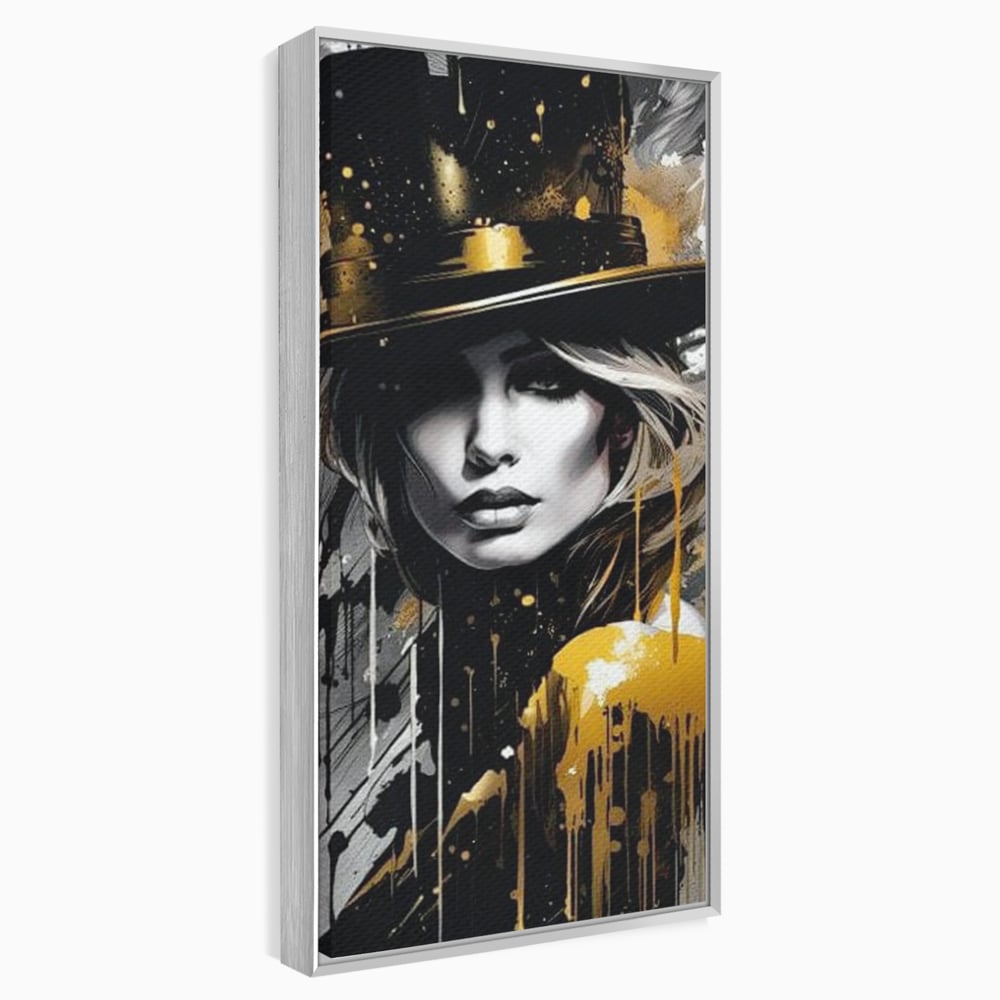 Tablou canvas cu tablou canvas cu portret de femeie cu joben, in rama de aluminiu argintiu