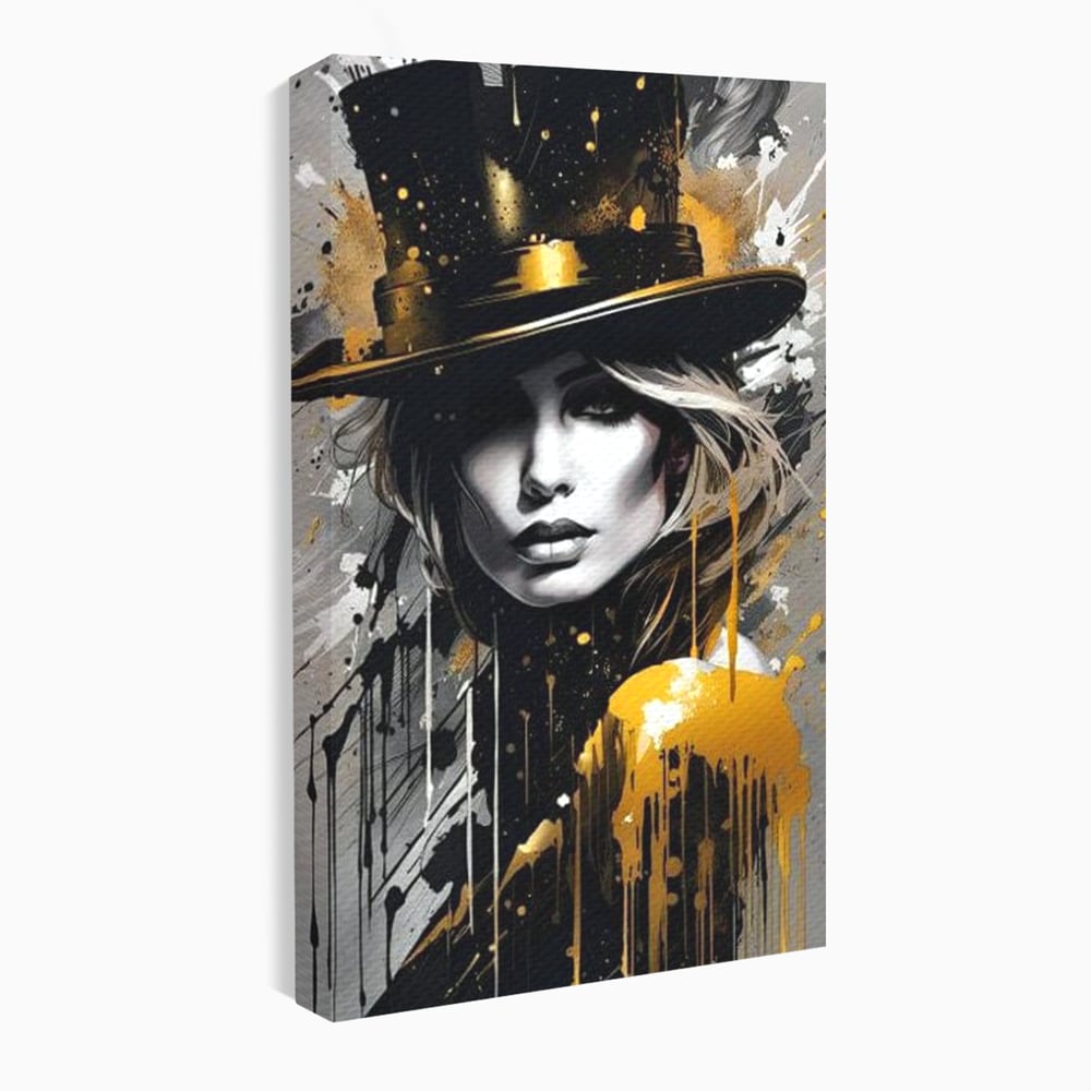 Tablou canvas cu tablou canvas cu portret de femeie cu joben, fara rama, pe sasiu de lemn