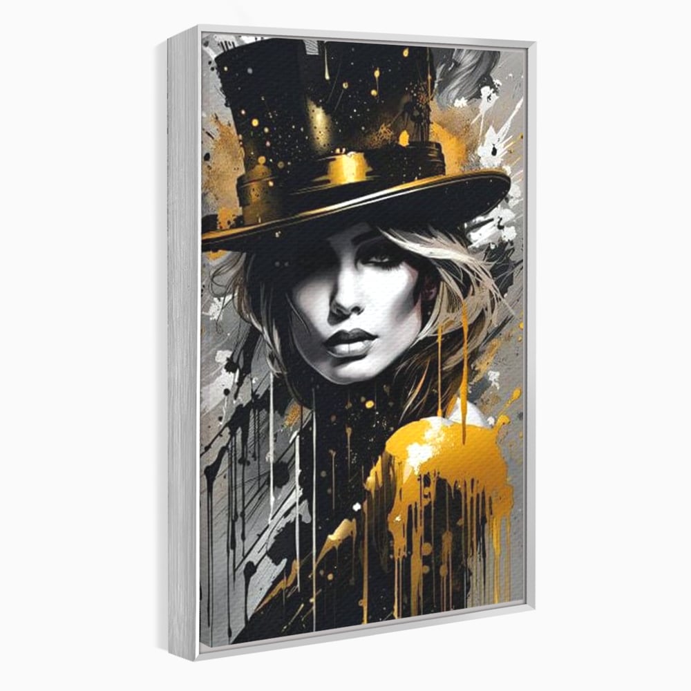 Tablou canvas cu tablou canvas cu portret de femeie cu joben, in rama de aluminiu argintiu