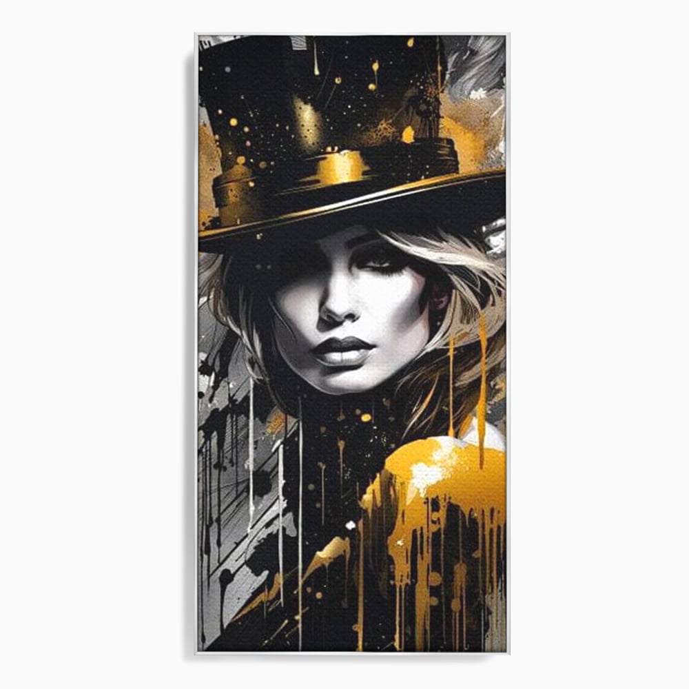 Tablou canvas cu tablou canvas cu portret de femeie cu joben, in rama de aluminiu argintiu