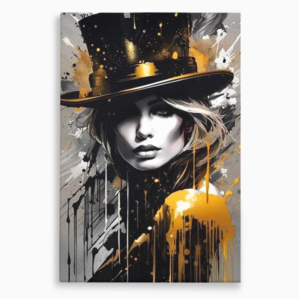 Tablou canvas cu tablou canvas cu portret de femeie cu joben, fara rama, pe sasiu de lemn