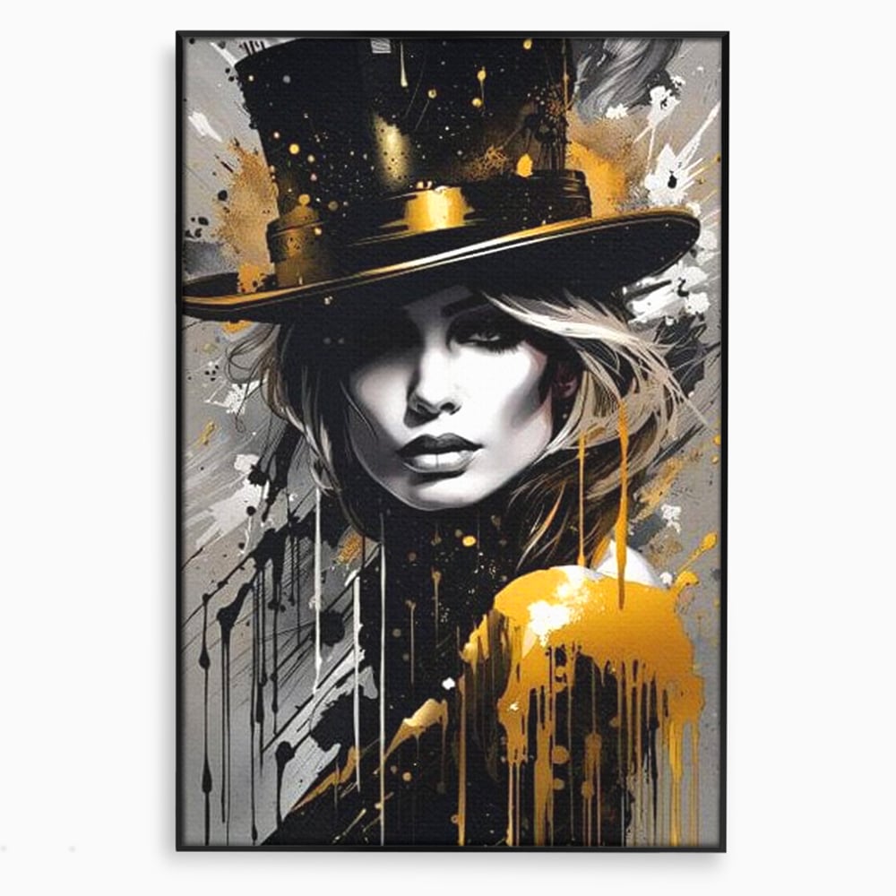 Tablou canvas cu tablou canvas cu portret de femeie cu joben, in rama de aluminiu negru