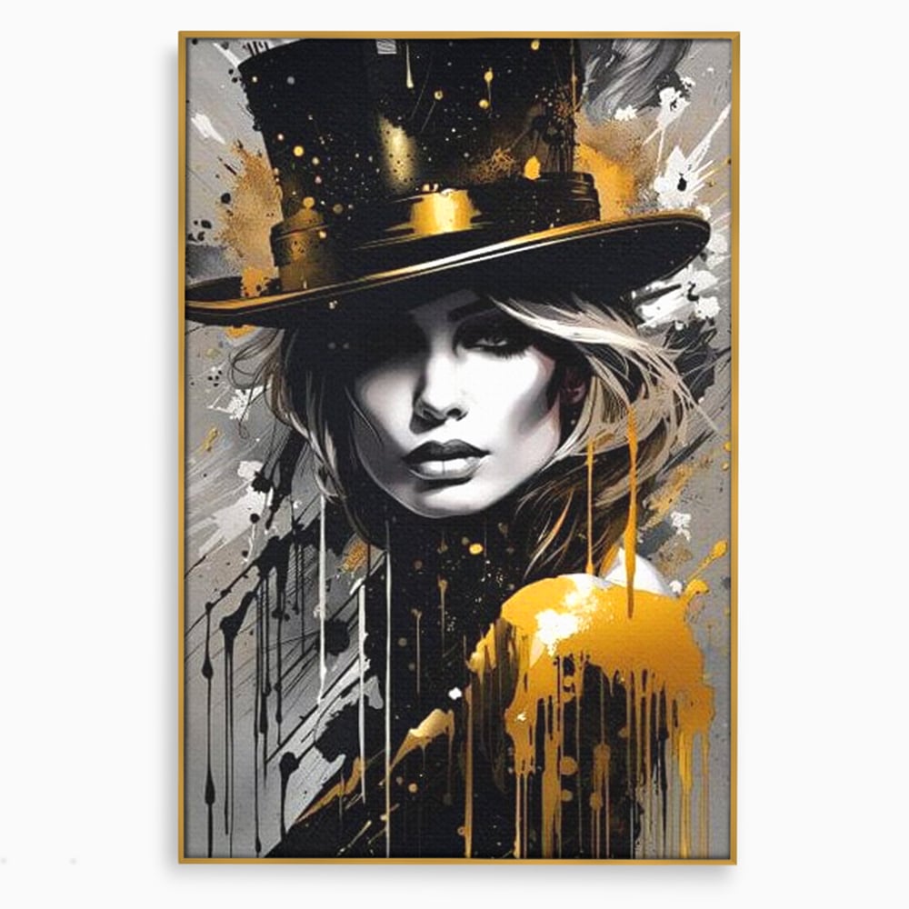 Tablou canvas cu tablou canvas cu portret de femeie cu joben, in rama de aluminiu auriu