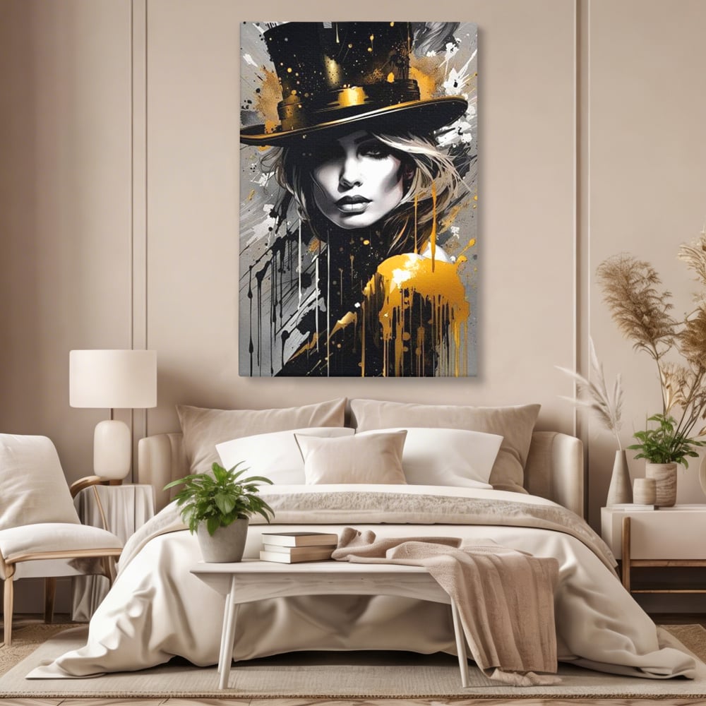 Tablou canvas cu tablou canvas cu portret de femeie cu joben, fara rama, pe sasiu de lemn, pe perete intr-un dormitor