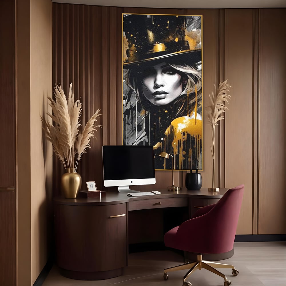 Tablou canvas cu tablou canvas cu portret de femeie cu joben, in rama de aluminiu auriu, pe perete intr-un birou