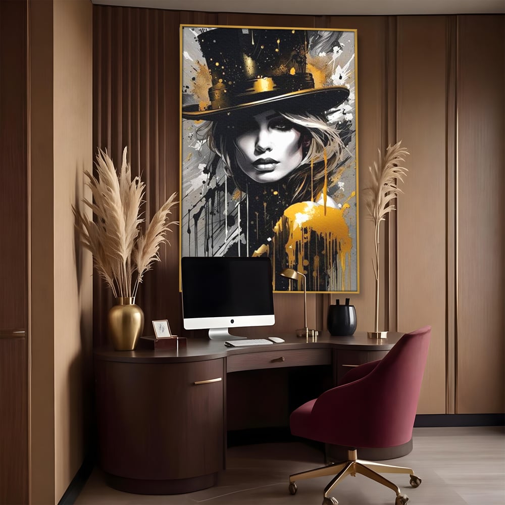 Tablou canvas cu tablou canvas cu portret de femeie cu joben, in rama de aluminiu auriu, pe perete intr-un birou
