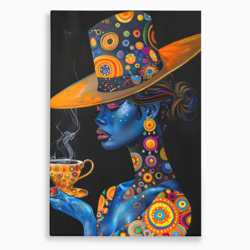 Tablou canvas cu tablou canvas cu portretul unei femei albastre, fara rama, pe sasiu de lemn