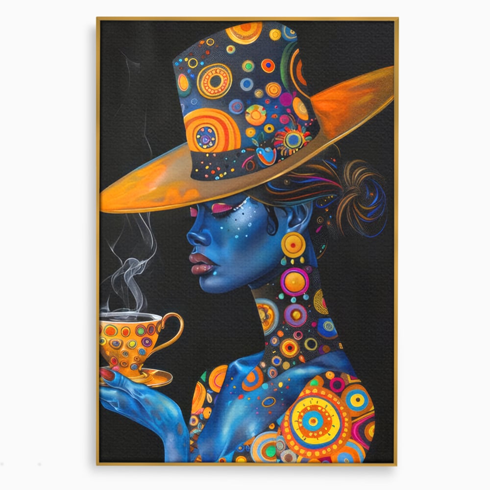 Tablou canvas cu tablou canvas cu portretul unei femei albastre, in rama de aluminiu auriu