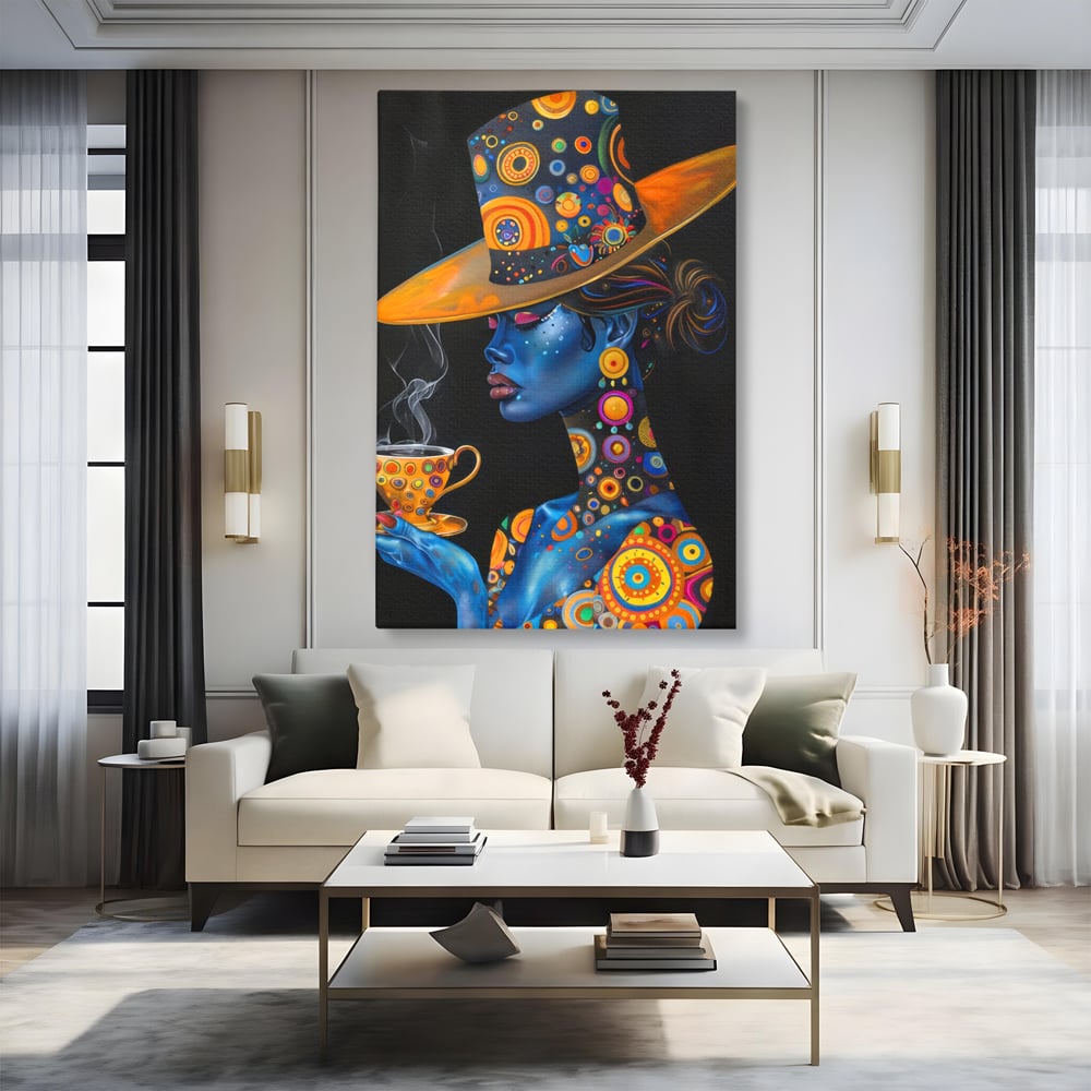 Tablou canvas cu tablou canvas cu portretul unei femei albastre, fara rama, pe sasiu de lemn, pe perete intr-un living