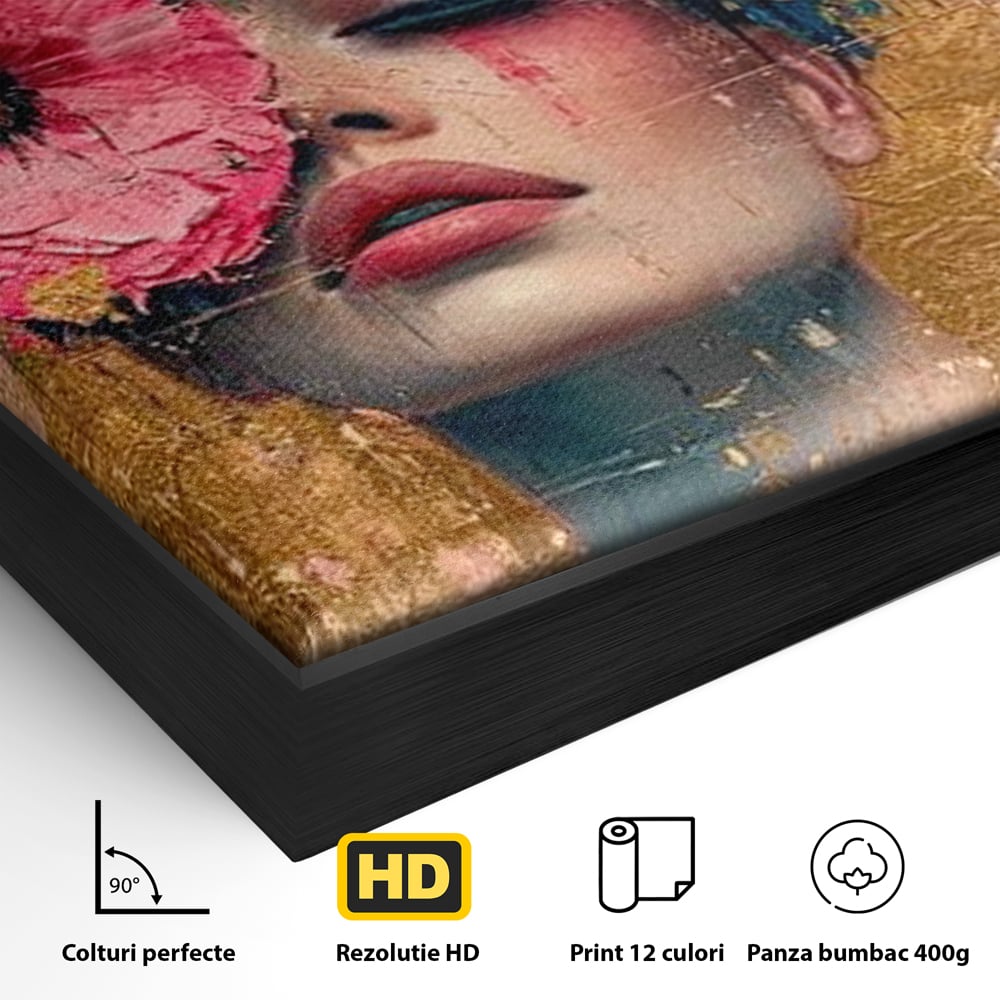 Detaliu al suprafetei: tablou canvas cu portret de femeie si flori roz, in rama de aluminiu negru