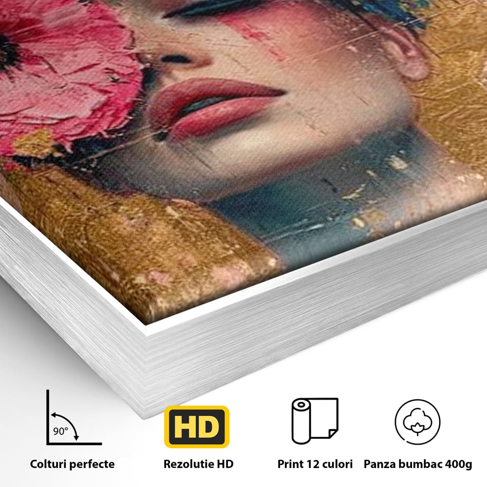 Detaliu al suprafetei: tablou canvas cu portret de femeie si flori roz, in rama de aluminiu argintiu