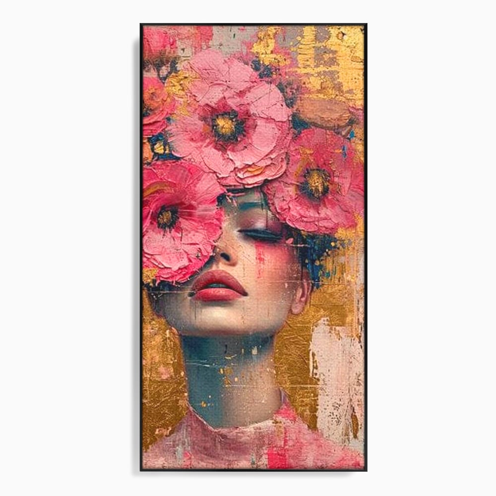 Tablou canvas cu tablou canvas cu portret de femeie si flori roz, in rama de aluminiu negru