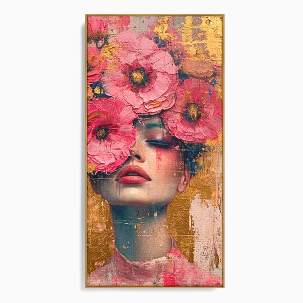 Tablou canvas cu tablou canvas cu portret de femeie si flori roz, in rama de aluminiu auriu
