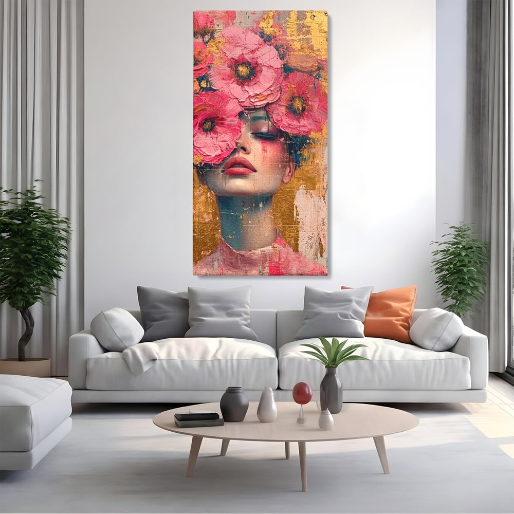 Tablou canvas cu tablou canvas cu portret de femeie si flori roz, fara rama, pe sasiu de lemn, pe perete intr-un living
