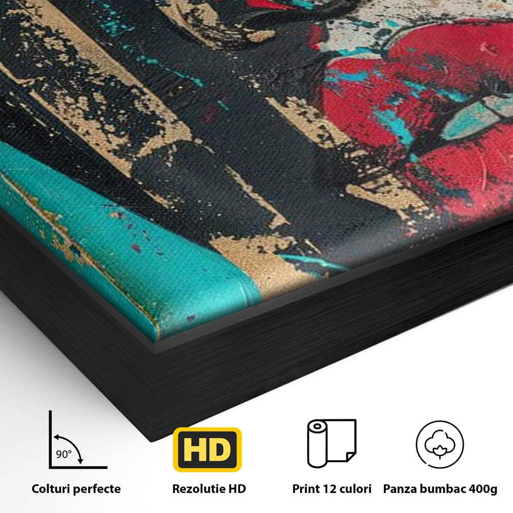 Detaliu al suprafetei: tablou canvas cu portret avangardist, in rama de aluminiu negru