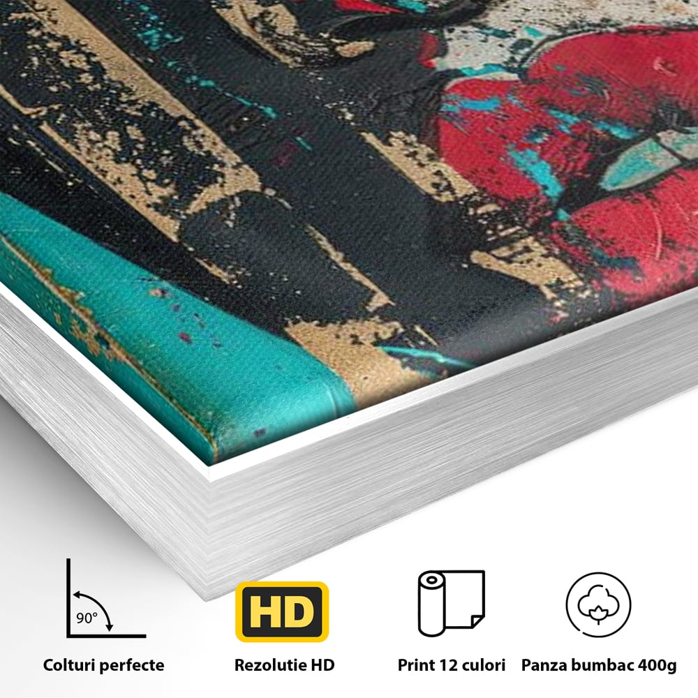 Detaliu al suprafetei: tablou canvas cu portret avangardist, in rama de aluminiu argintiu
