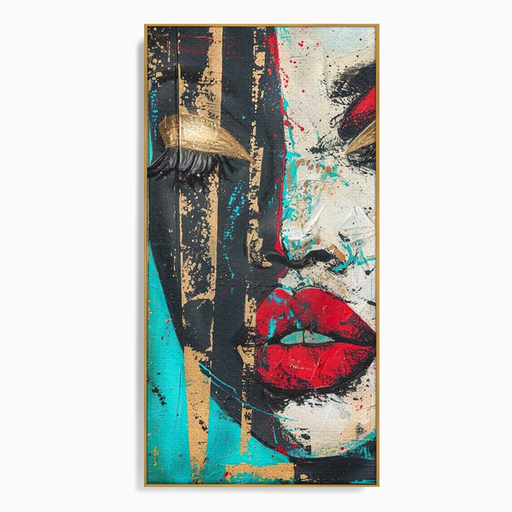 Tablou canvas cu tablou canvas cu portret avangardist, in rama de aluminiu auriu