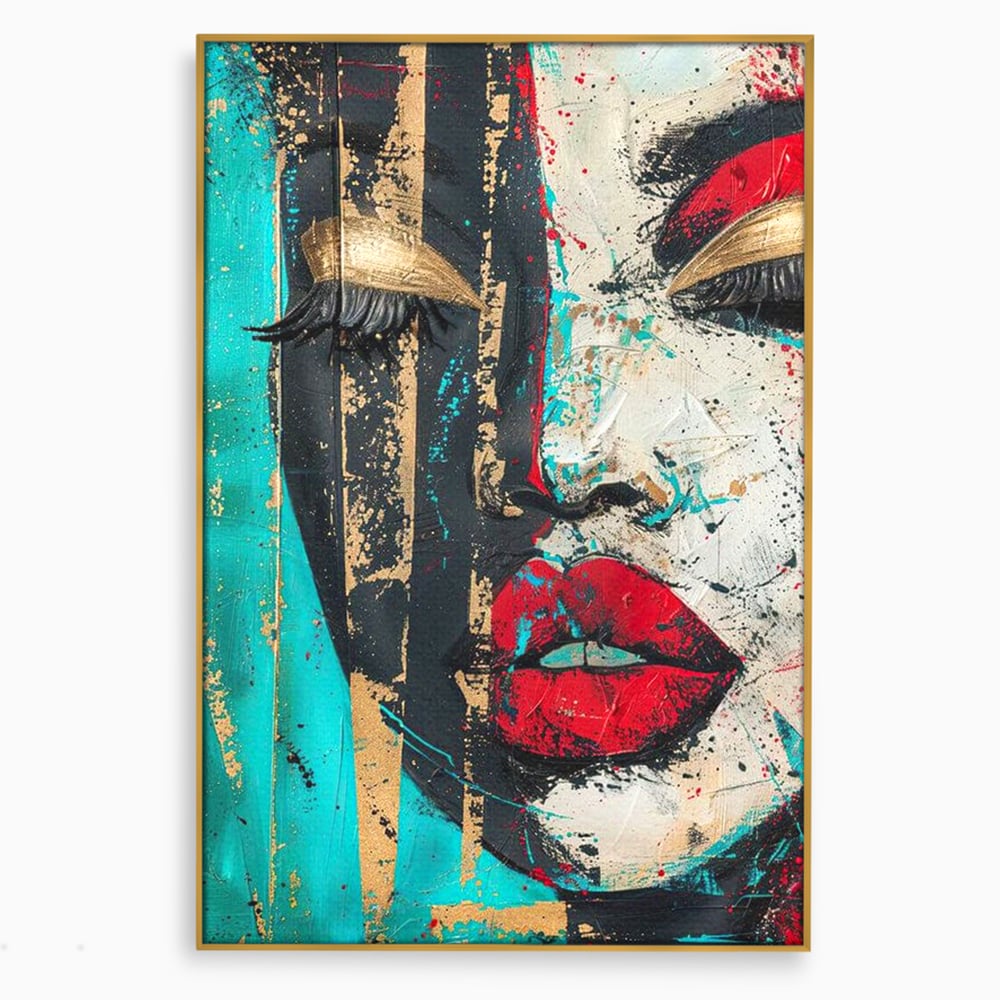 Tablou canvas cu tablou canvas cu portret avangardist, in rama de aluminiu auriu