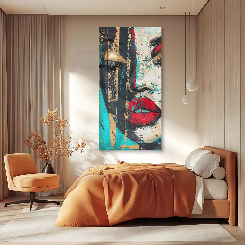 Tablou canvas cu tablou canvas cu portret avangardist, fara rama, pe sasiu de lemn, pe perete intr-un dormitor