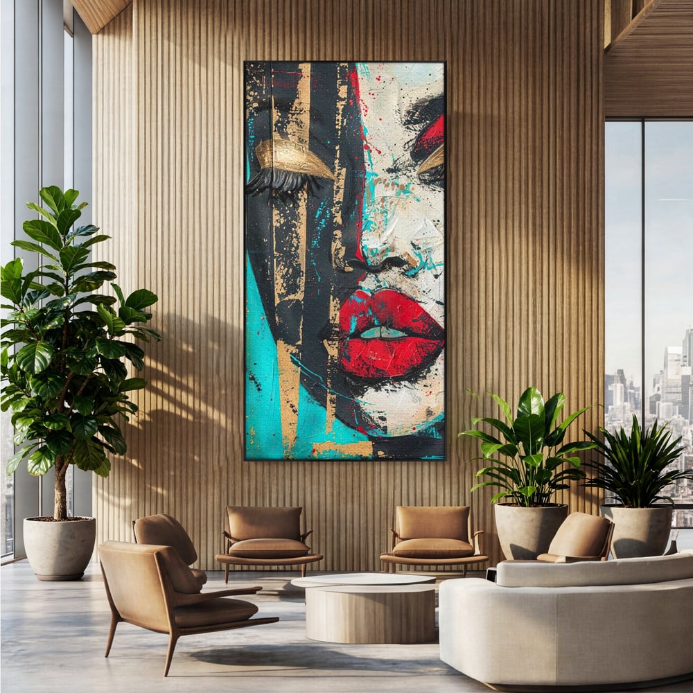 Tablou canvas cu tablou canvas cu portret avangardist, in rama de aluminiu negru, pe perete intr-un birou