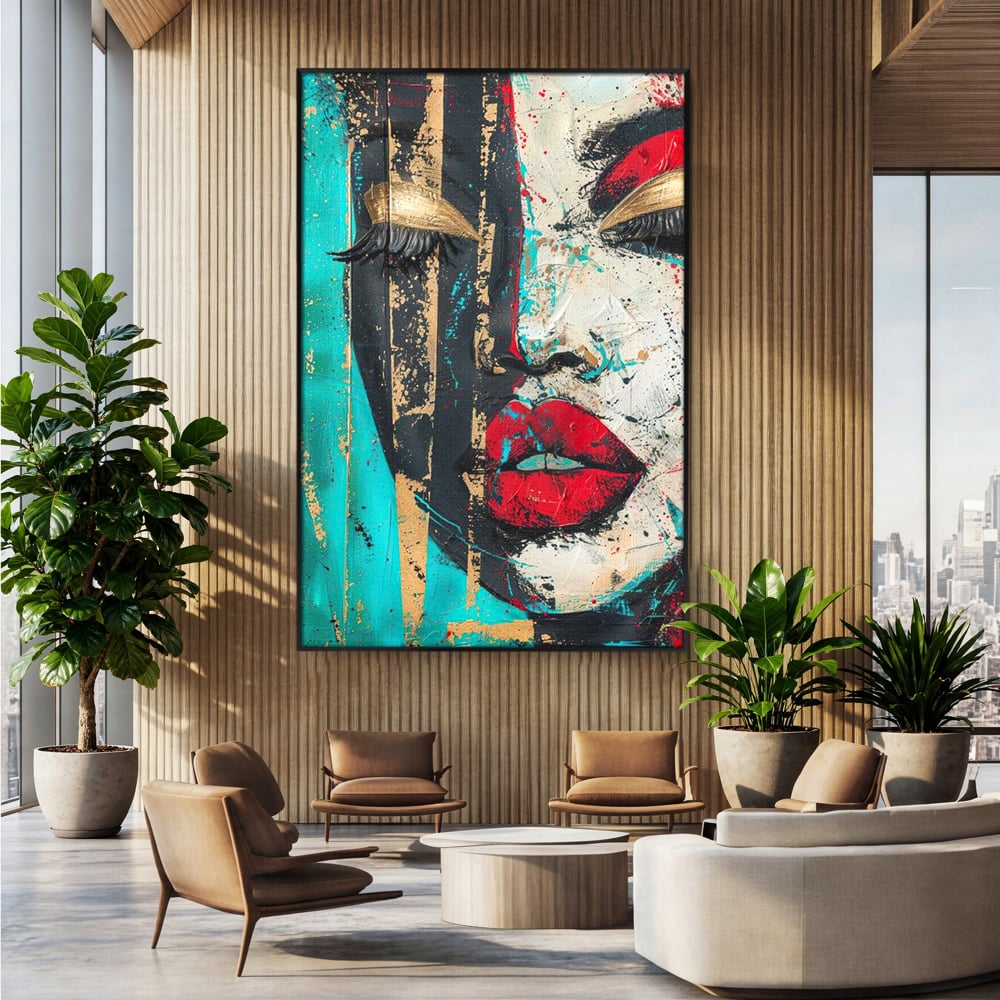 Tablou canvas cu tablou canvas cu portret avangardist, in rama de aluminiu negru, pe perete intr-un birou