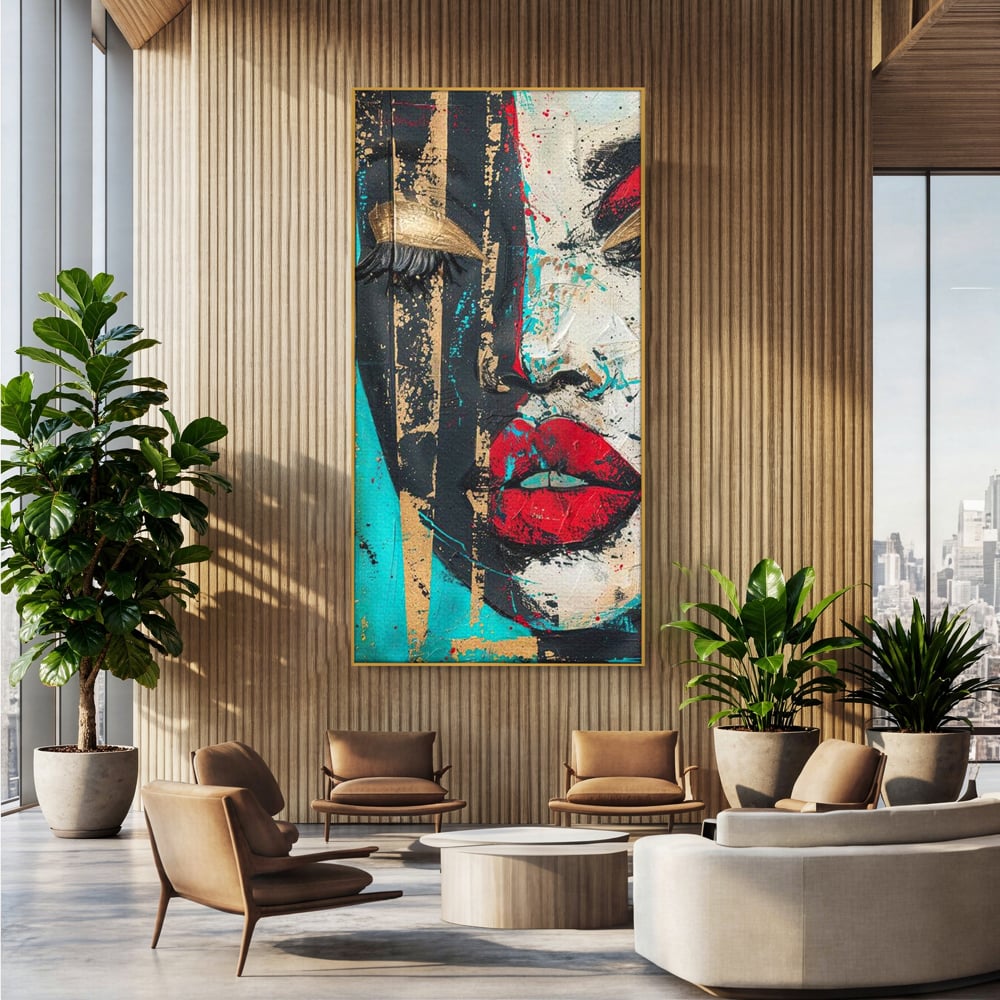 Tablou canvas cu tablou canvas cu portret avangardist, in rama de aluminiu auriu, pe perete intr-un birou
