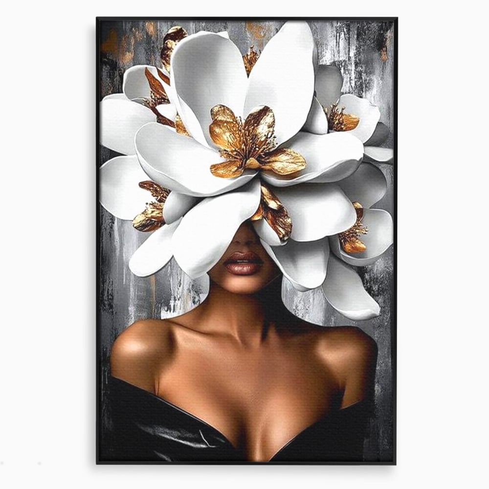 Tablou canvas cu tablou canvas cu femeie si magnolie alba, in rama de aluminiu negru