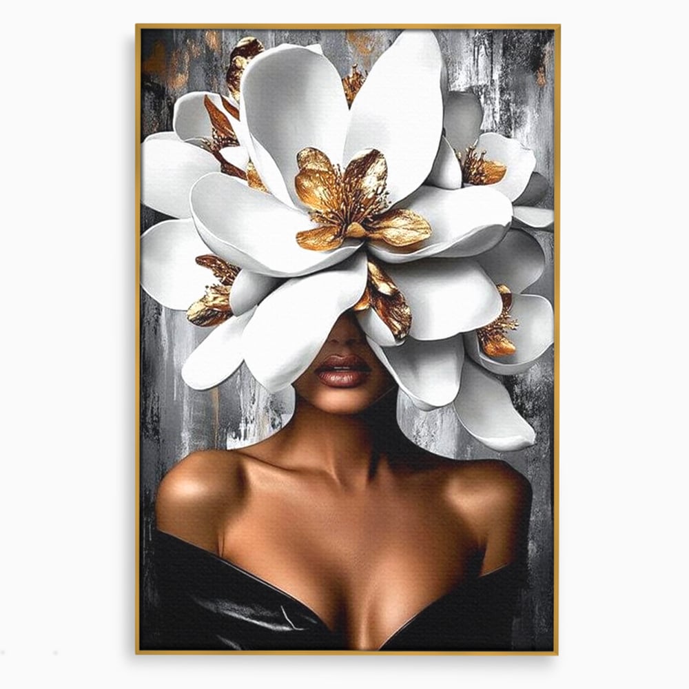 Tablou canvas cu tablou canvas cu femeie si magnolie alba, in rama de aluminiu auriu