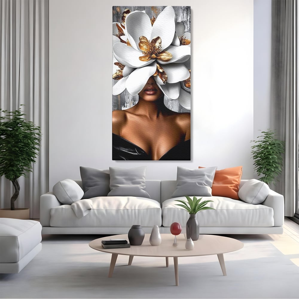 Tablou canvas cu tablou canvas cu femeie si magnolie alba, fara rama, pe sasiu de lemn, pe perete intr-un living