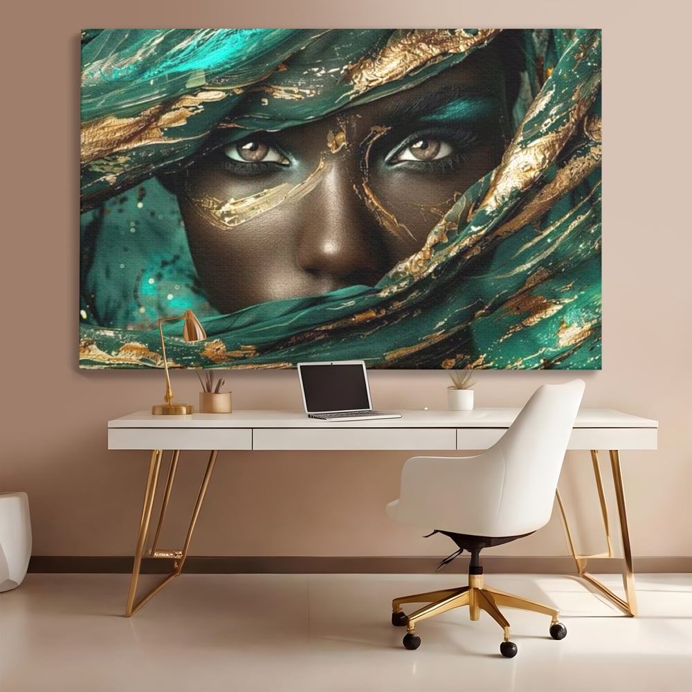 Tablou canvas cu portret artistic cu ochi caprui si tesatura verde, fara rama, pe sasiu de lemn, pe perete intr-un birou