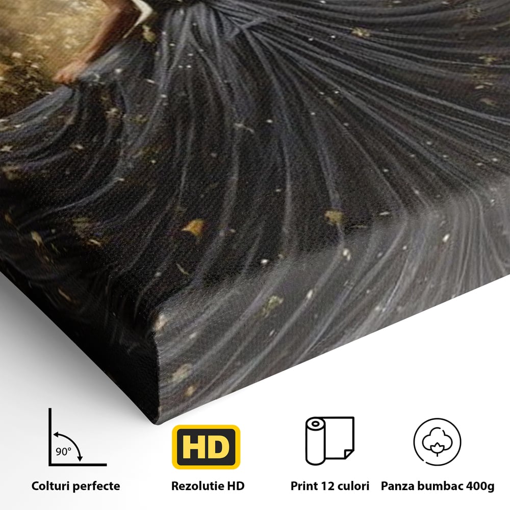 Detaliu al suprafetei: ilustratie digitala cu silueta feminina, fara rama, pe sasiu de lemn