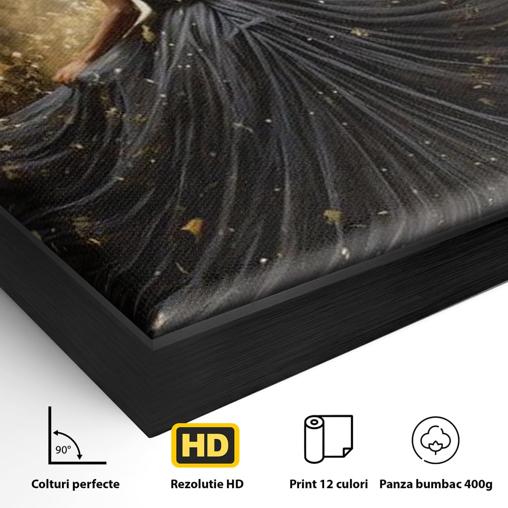 Detaliu al suprafetei: ilustratie digitala cu silueta feminina, in rama de aluminiu negru
