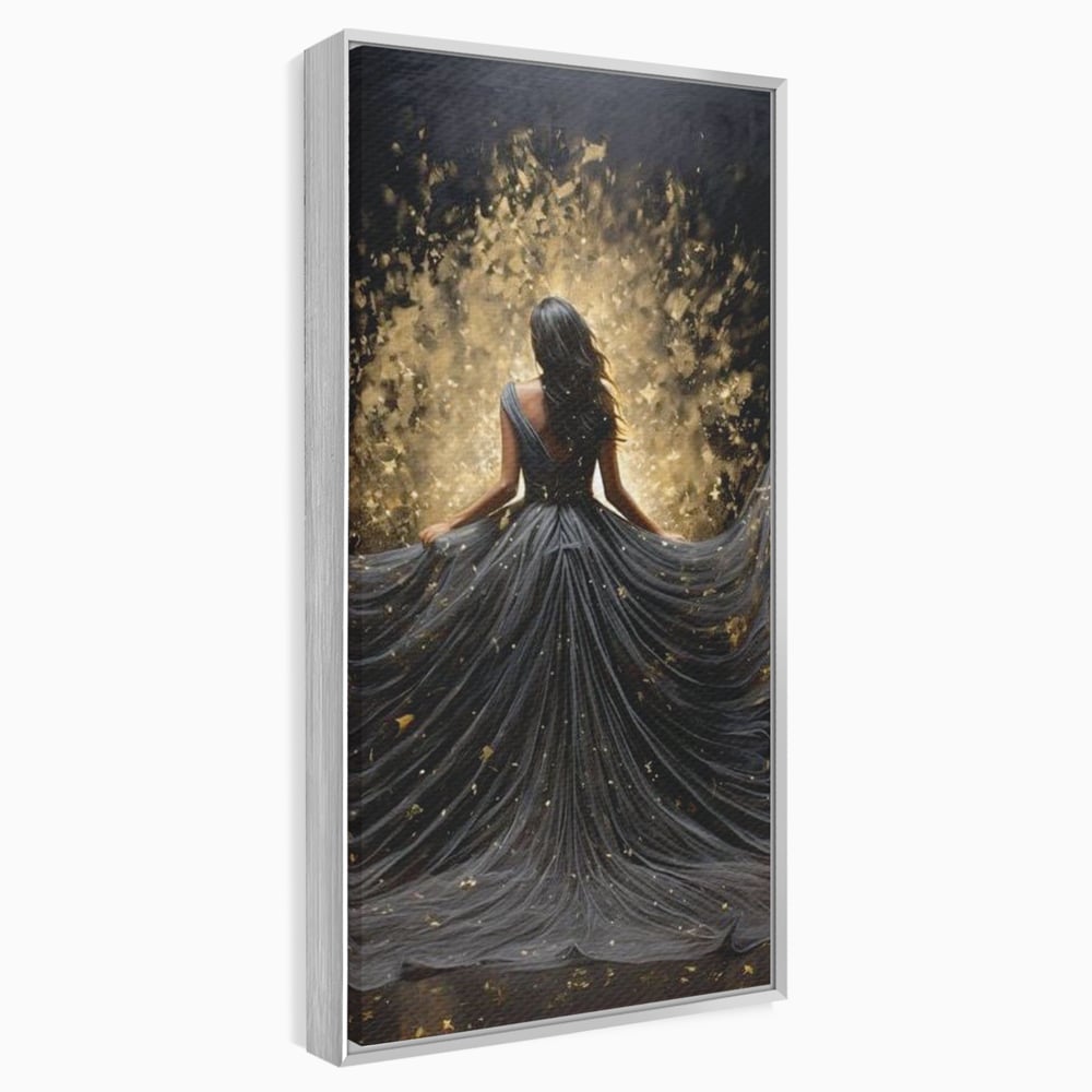 Tablou canvas cu ilustratie digitala cu silueta feminina, in rama de aluminiu argintiu