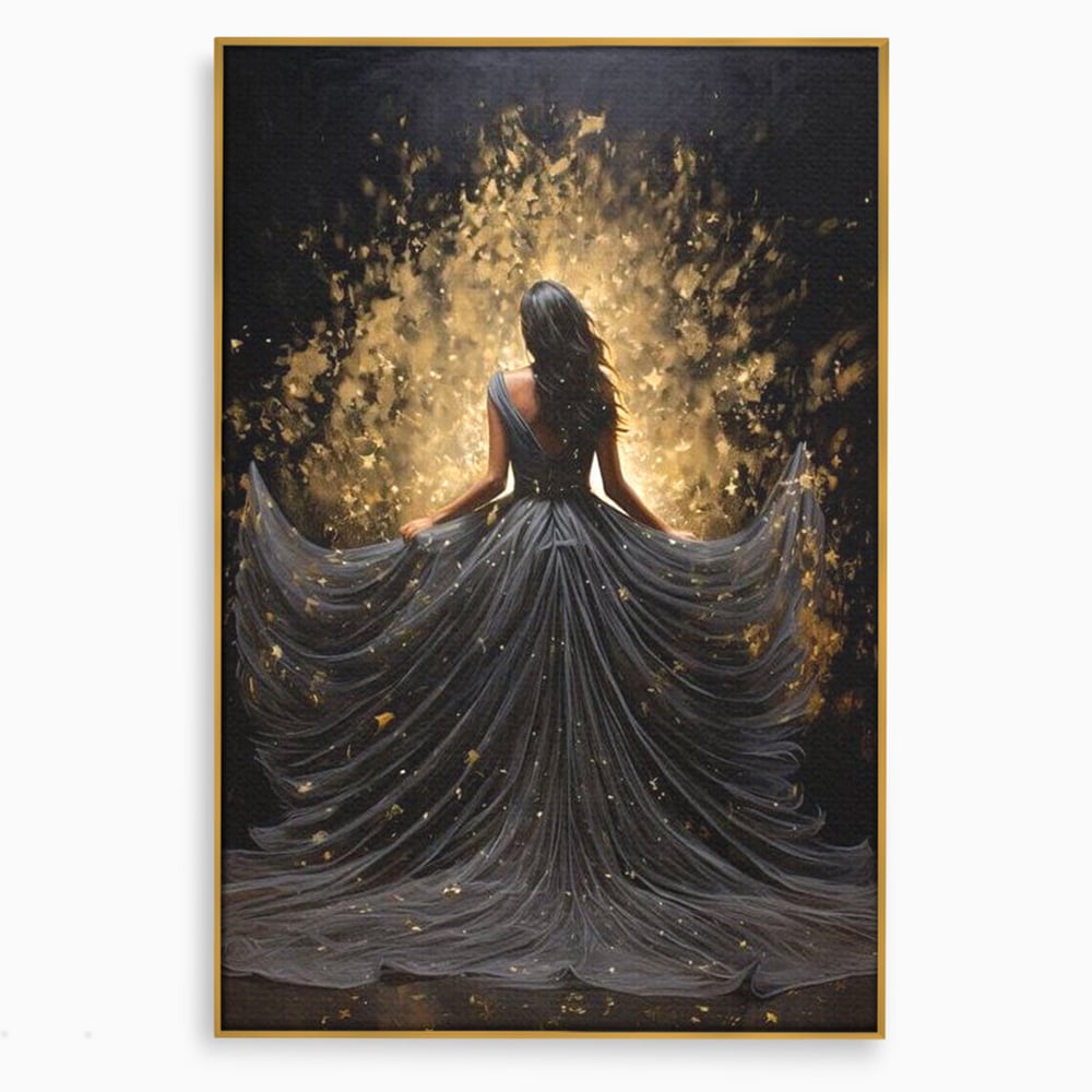 Tablou canvas cu ilustratie digitala cu silueta feminina, in rama de aluminiu auriu