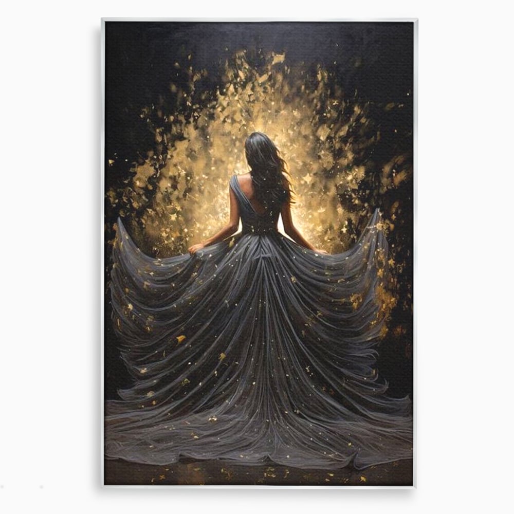 Tablou canvas cu ilustratie digitala cu silueta feminina, in rama de aluminiu argintiu