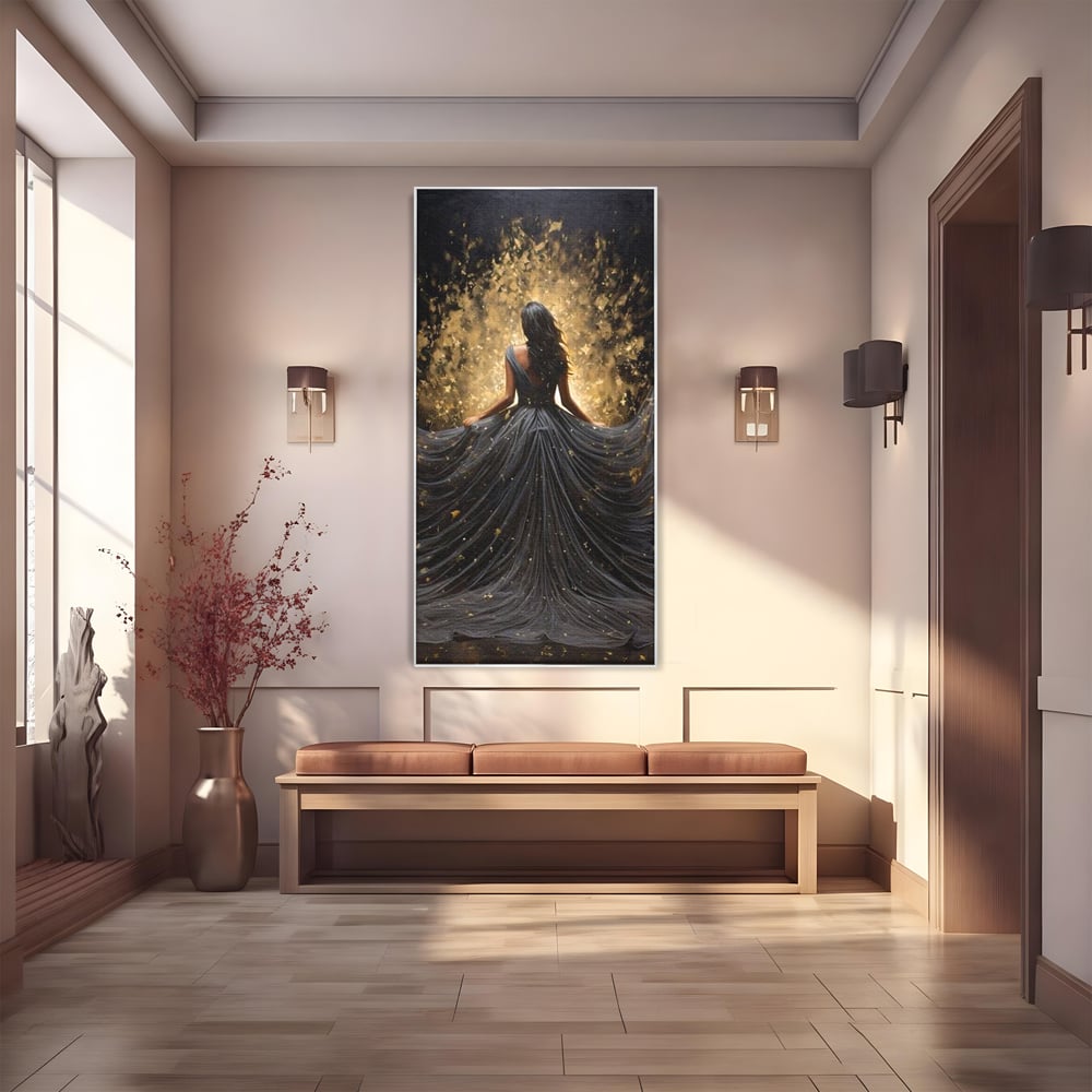 Tablou canvas cu ilustratie digitala cu silueta feminina, in rama de aluminiu argintiu