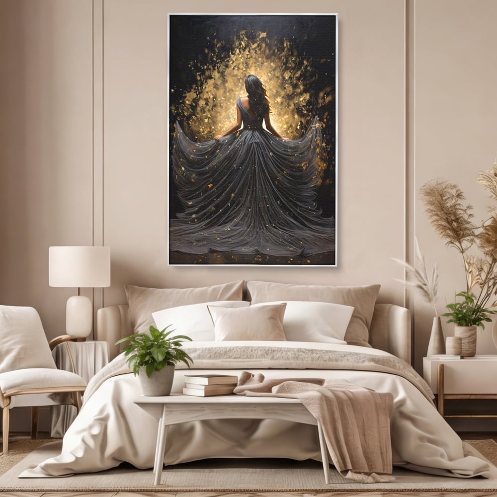 Tablou canvas cu ilustratie digitala cu silueta feminina, in rama de aluminiu argintiu, pe perete intr-un dormitor