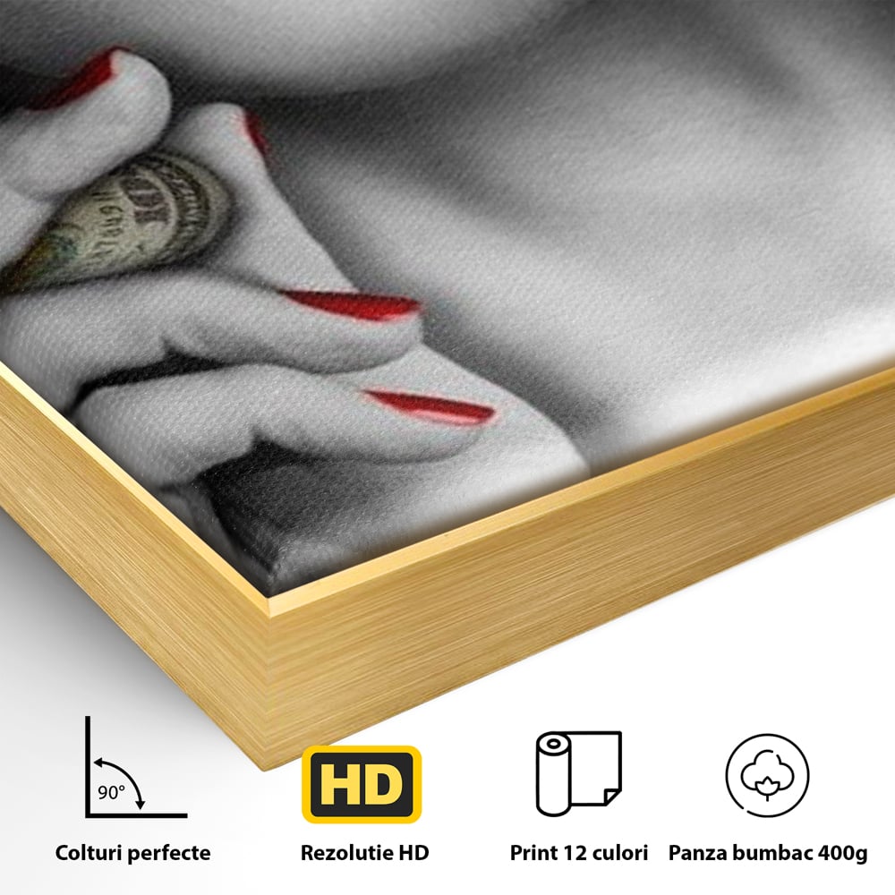 Detaliu al suprafetei: tablou canvas cu buze rosii si tigara de bani, in rama de aluminiu auriu
