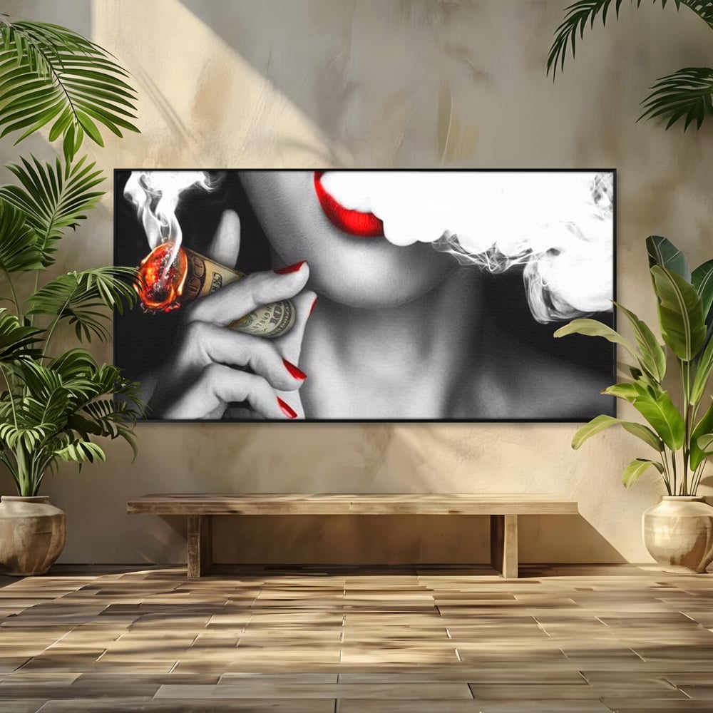 Tablou canvas cu tablou canvas cu buze rosii si tigara de bani, in rama de aluminiu negru