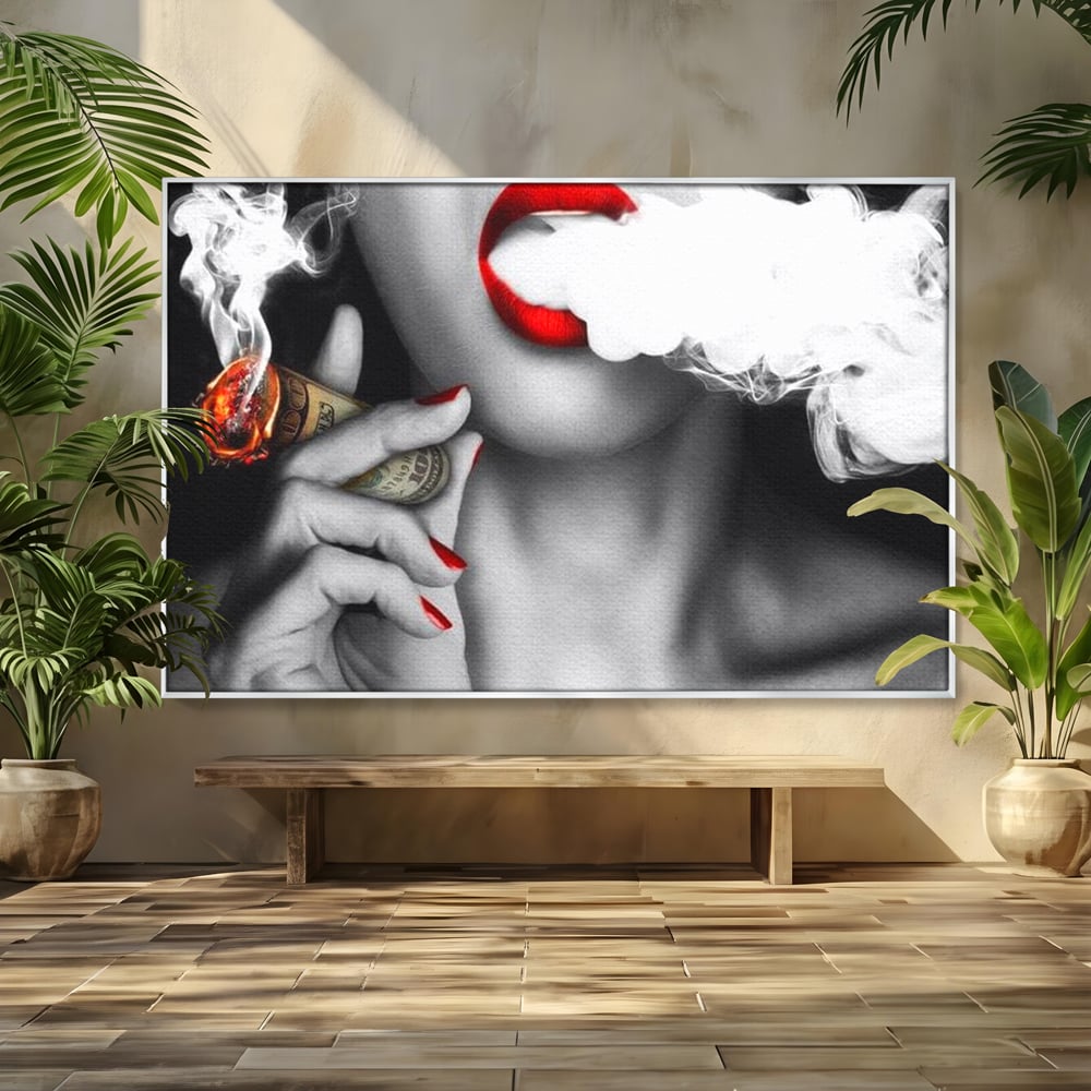 Tablou canvas cu tablou canvas cu buze rosii si tigara de bani, in rama de aluminiu argintiu